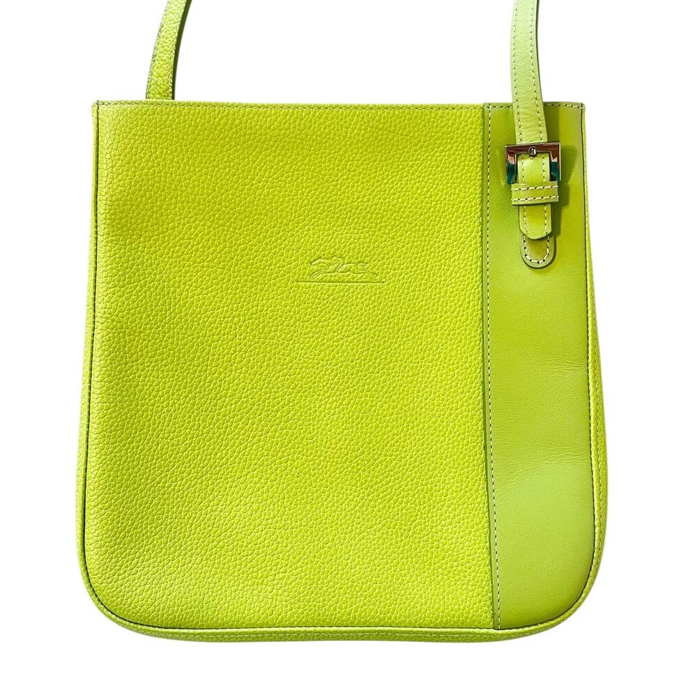Longchamp Le Foulonne Vintage Lime Green Pebbled Leather Crossbody Bag Y2K